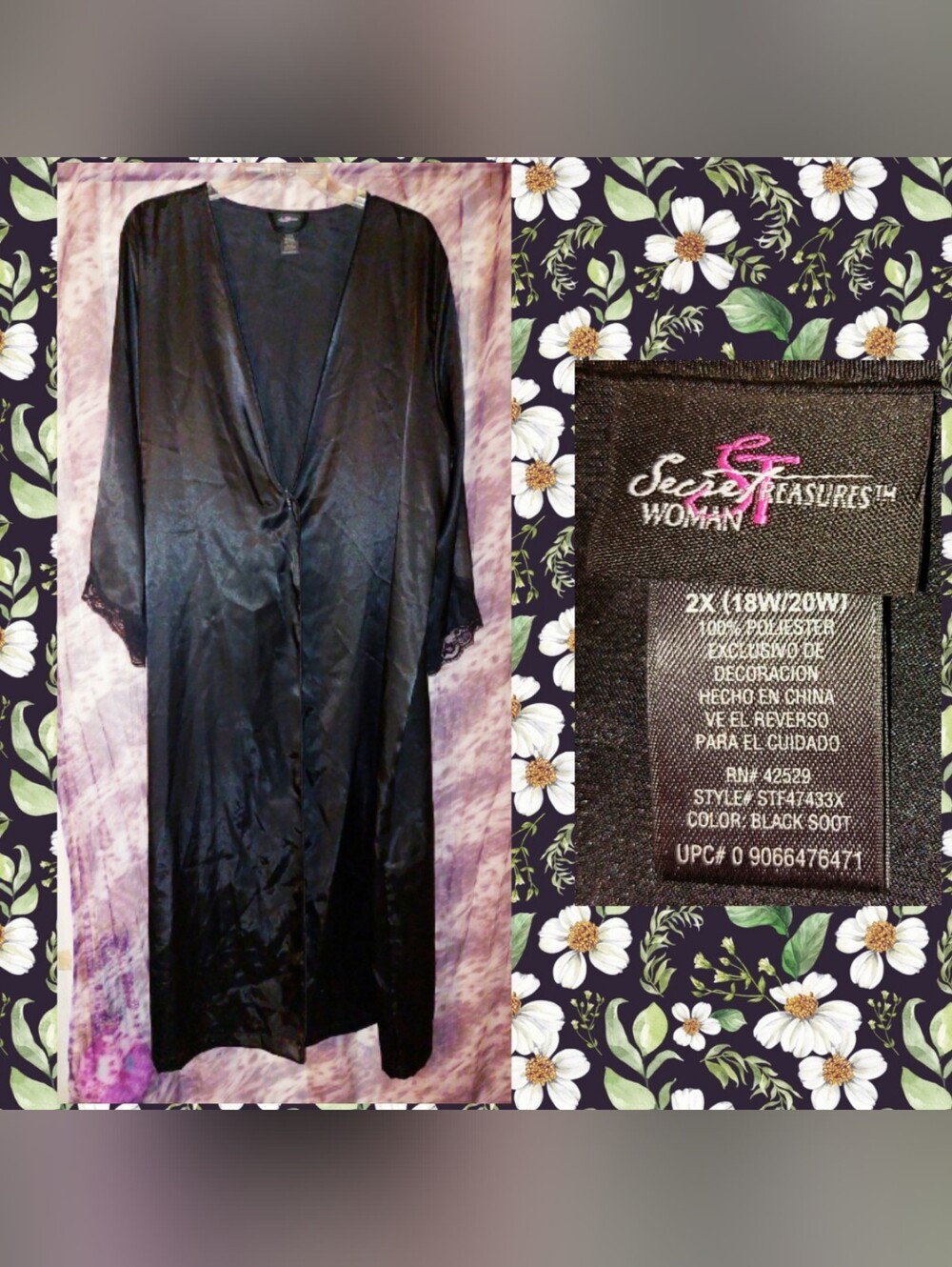 Secret Treasures brand Black Soot w/Lace Trim Soft Satin Long Robe Sz 2X(18/20W)